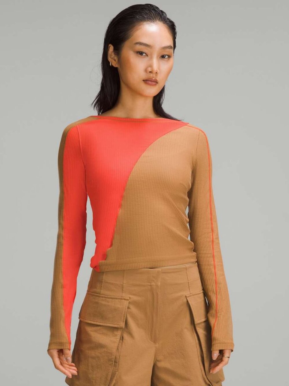 Lululemon Asymmetrical Ribbed Cotton Long Sleeve Top Bold Beige / Solar Orange